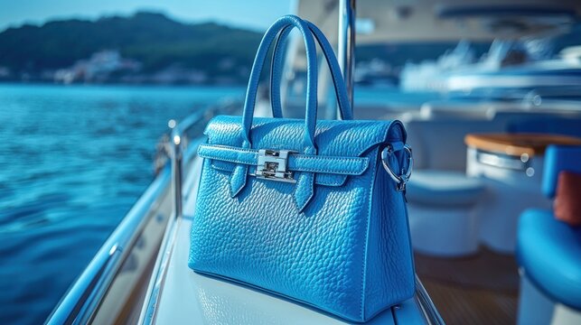 A stylish blue handbag placed on a boat with a serene water backdrop.