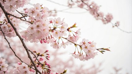 Obraz premium Pastel pink cherry blossom branches surround a minimalist white background, pink cherry blossom, delicate arrangement, pastel pink flowers, minimalist decor, flower frame