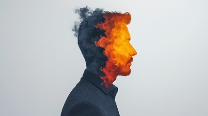 Profile of a man with vibrant smoke and flame transformation illustrating creativity, passion, and the blend of imagination and reality in a unique artistic approach