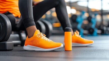A gymgoer hydrating with a stylish water bottle next to weights