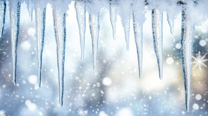 Delicate icicles hanging from a tree branch. Winter Scene