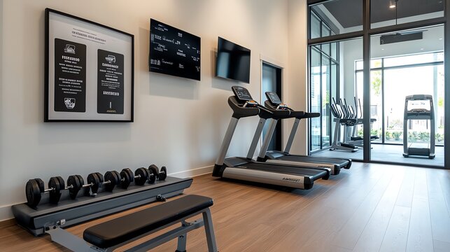 A home gym setup with weights, a treadmill, and motivational wall art