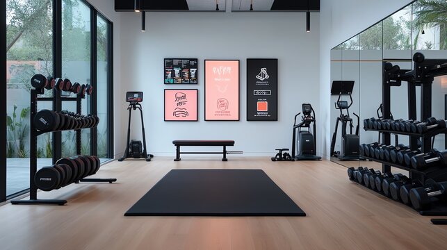 A home gym setup with weights, a treadmill, and motivational wall art