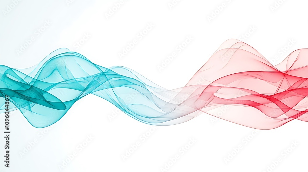 Poster elegant flowing waves of colorful smoke in soft red and turquoise against a minimalistic background 