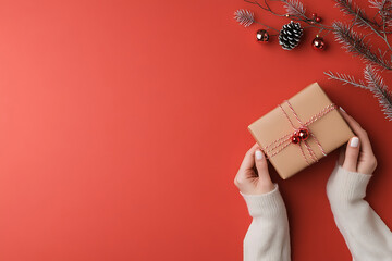 Female hands holding gift box, christmas and new year concept.