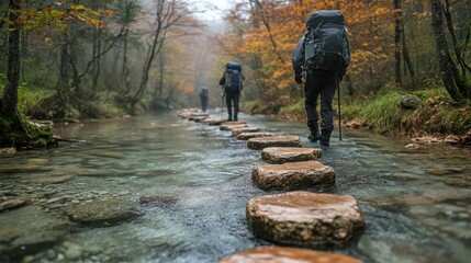 Hikers crossing a stream on stepping stones in a misty, autumn forest.