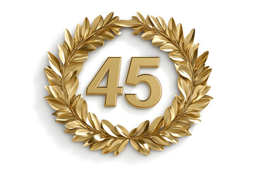 Golden 45 number with laurel wreath symbolizing milestone, celebration, achievement, and recognition, ideal for anniversaries, commemorations, and special events
