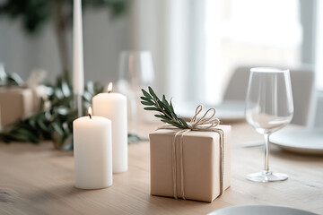 Gift box and candle creating a cozy vibe, minimal style.
