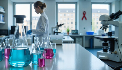 Scientist in lab researching cancer, surrounded by equipment