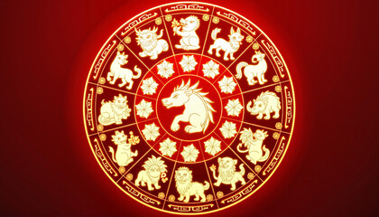 Chinese zodiac circle with glowing symbols in red theme