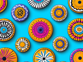 Colorful circular patterns on vibrant blue background create lively and artistic composition. design features various shapes and intricate details, evoking sense of creativity and joy