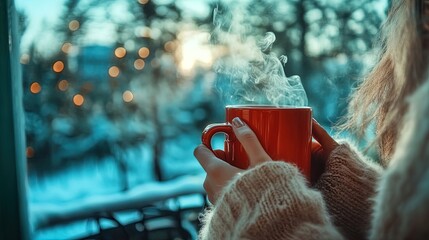 Cozy Winter Bliss: A Steaming Red Mug and Warm Sweater Amidst Golden Bokeh - Perfect for a Festive Holiday Poster to Enliven Your Living Space!