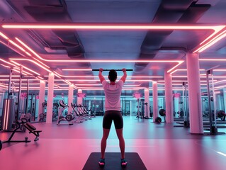 Obraz premium A person lifting a barbell in a gym with futuristic neon lights