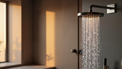 Modern shower with running water at sunset