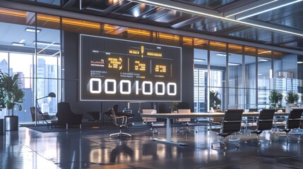 A sophisticated business environment with a large screen showing a countdown to a major merger announcement 32k
