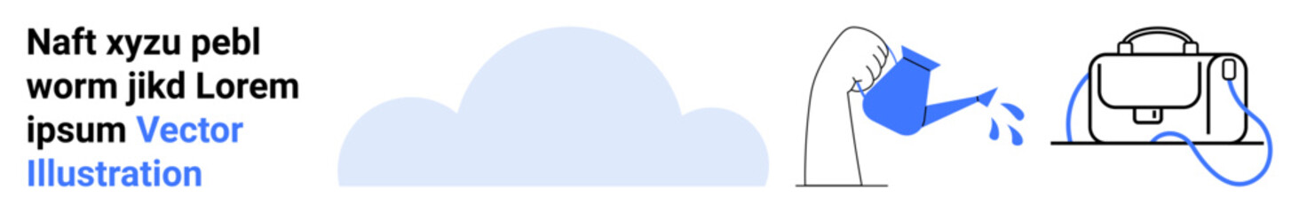 Cloud, arm watering a plant, VR headset with blue details. Ideal for technology, environment, education, gaming, innovation, cloud services, gardening Landing page