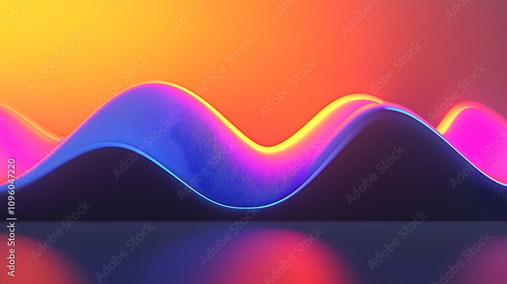 Poster abstract waves of colorful light basking in a neon glow reflected on a smooth surface, creating a me
