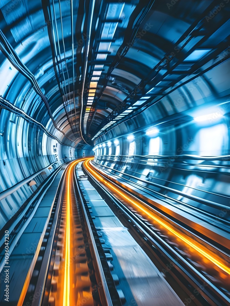 Aufkleber a dynamic view of a tunnel with illuminated tracks creating a sense of motion.