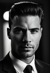 Black and white portrait, handsome man, strong jawline, perfectly coiffed hair, intense gaze, chiseled features, dramatic lighting, high contrast, film noir style, 1950s aesthetic, dapper suit and tie