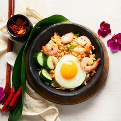 Nasi goreng- Indonesian fried rice with fried egg.
