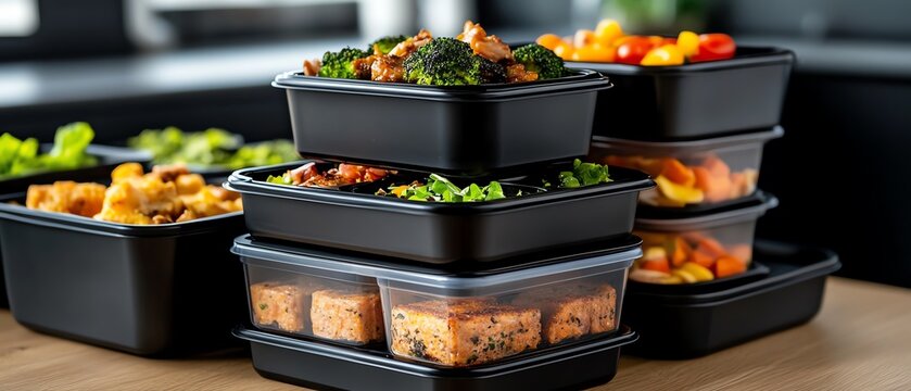 A stack of meal prep containers labeled for the week with balanced meals