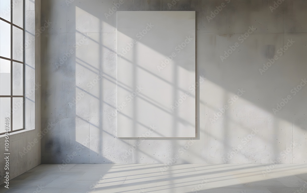 Poster a minimalist room with a blank canvas illuminated by sunlight through large windows.