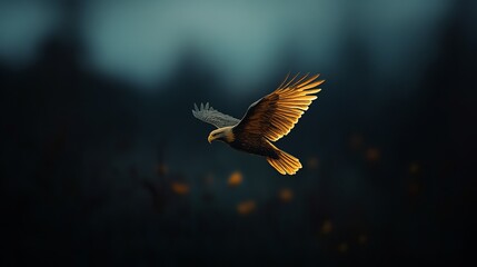 Obraz premium A majestic eagle soars through the air, its wings outstretched against a dark, moody sky.