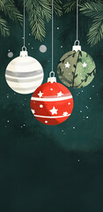 Vintage minimalist illustration of three Christmas ornaments