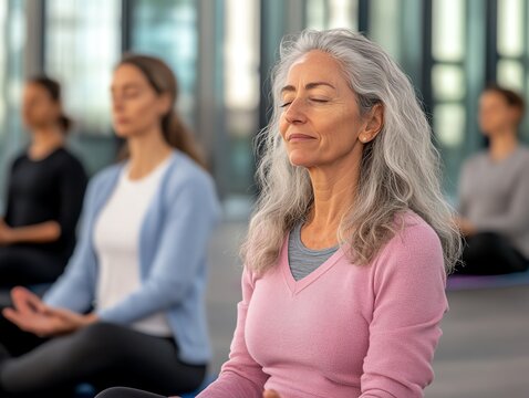 A yoga and mindfulness class in progress, focusing on calm breathing techniques