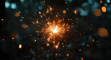 Obraz premium A Glowing Sparkler Illuminates the Night Sky with Bright Sparks Against a Blurred Background of Colorful Bokeh Lights, Creating a Magical Atmosphere for Celebrations