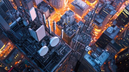5G network transmitters on the roof of a skyscraper