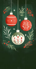 Vintage minimalist illustration of three Christmas ornaments