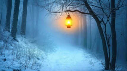  foggy winter forest with frost-covered trees, a glowing lantern hanging from a branch, and a mysterious snowy pathway disappearing into the distance