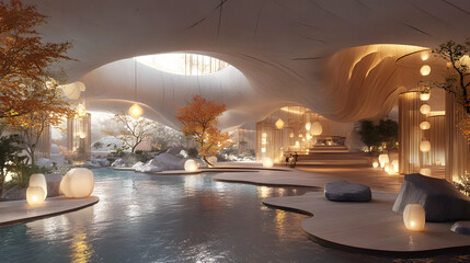 A Serene Architectural Space Inspired by Floating Lanterns in Natureĺs Embrace: A Fusion of Emotions, Light, and Organic Design