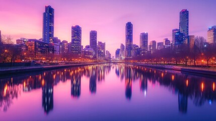 Obraz premium City skyline reflecting in calm river at sunset with vibrant purple sky