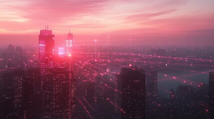 Obraz premium A bustling smart city skyline overlaid with glowing network connectivity lines during a picturesque sunset.