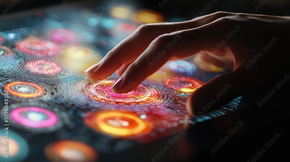 Poster a close-up of a hand touching a digital screen filled with circular data visualizations. the image c