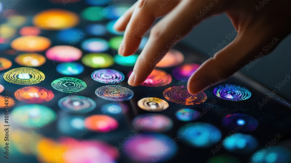Poster a close-up of a hand touching a digital screen filled with circular data visualizations. the image c