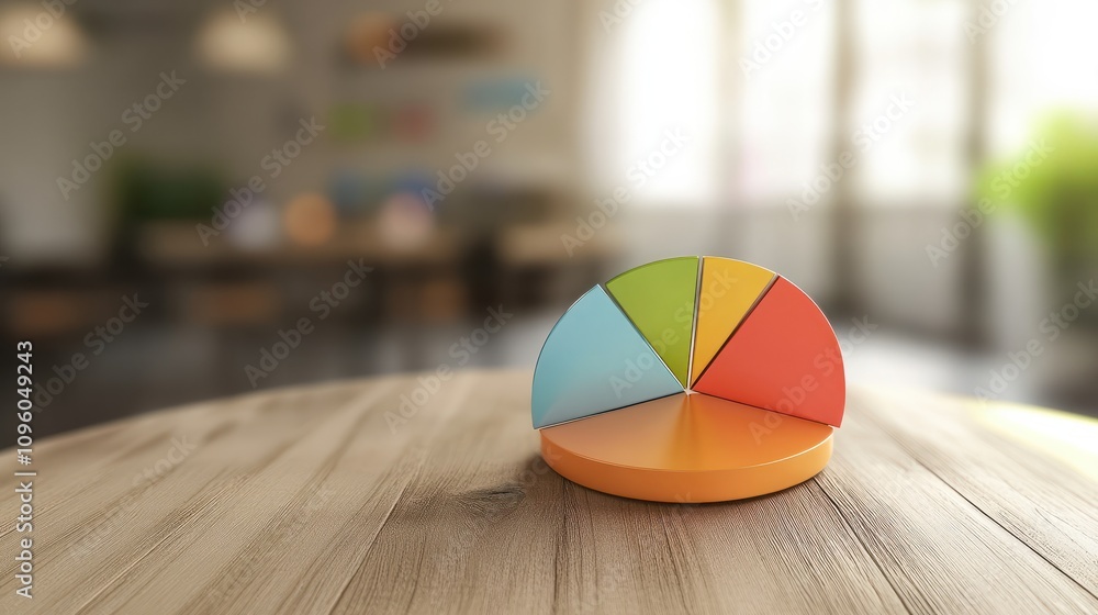 Poster a colorful pie chart on a wooden table with a blurred bokeh background, symbolizing data visualizati