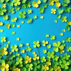 Naklejka premium a lively arrangement of paper-cut clovers in shades of green and yellow, artistically scattered around the edges of a vibrant turquoise background. 