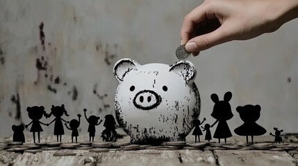 Financial Future Planning: White Piggy Bank Surrounded by Coins & Family Cutouts - Perfect Poster for a Home Office or Family Room to Inspire Savings & Financial Goals!