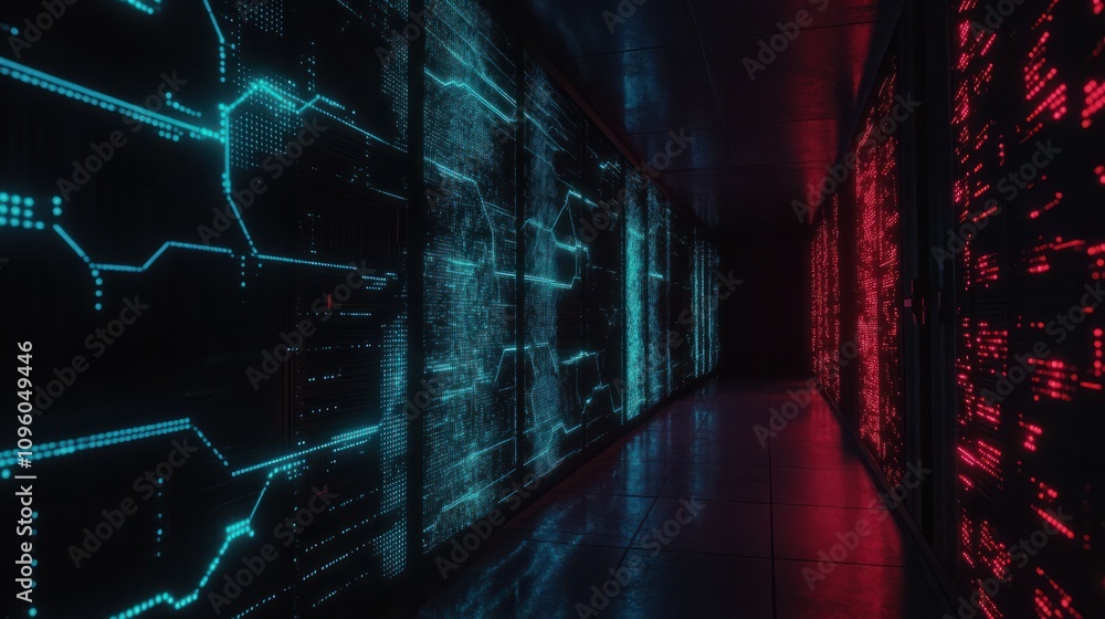 Poster a digital data stream visualized as a wall of glowing blue and red lines in a dark server room