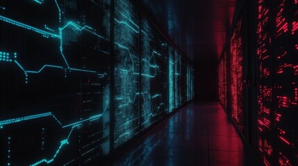 A digital data stream visualized as a wall of glowing blue and red lines in a dark server room
