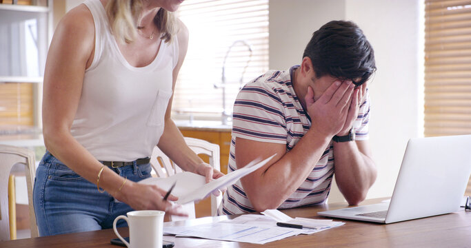 Finance, stress and couple with laptop with bills, crying and internet banking issue in debt. Home, payment due and anxiety from mortgage, tax audit or invoice with conversation about savings