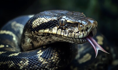 Fototapeta premium Close-up of a snake with intricate patterns and a flicking tongue.