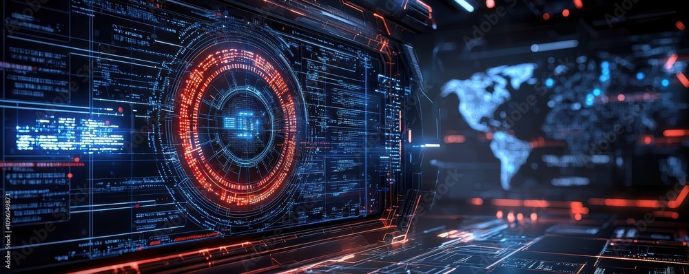 Aufkleber futuristic digital interface with circular data visualization, world map, and glowing holographic el