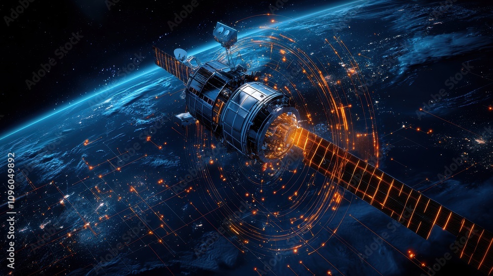 Poster artificial satellite orbiting earth with glowing data network and communication signals