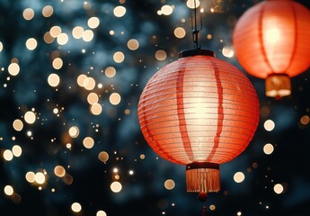 Obraz premium Brightly Lit Red Lanterns Hanging in a Decorated Outdoor Setting with Sparkling Bokeh Effects, Perfect for Celebrations and Festive Occasions