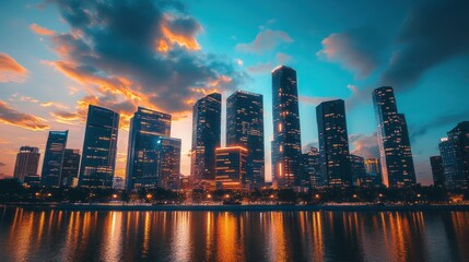 A futuristic cityscape at sunset, featuring illuminated skyscrapers against a cloudy blue sky near a river.