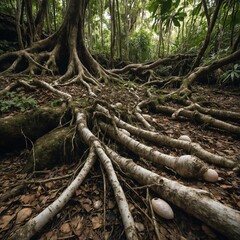 Shells Among Jungle Roots: Gnarled jungle tree roots with white shells nestled between them, creating a natural, earthy composition.
